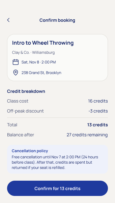 Confirm booking screen