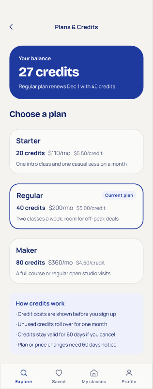 Plans and Credits screen